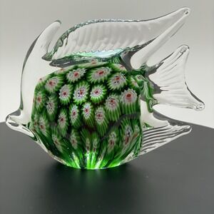 Murano Art Glass Angel Fish Italy Vintage Hand Blown Millefiori Green Red